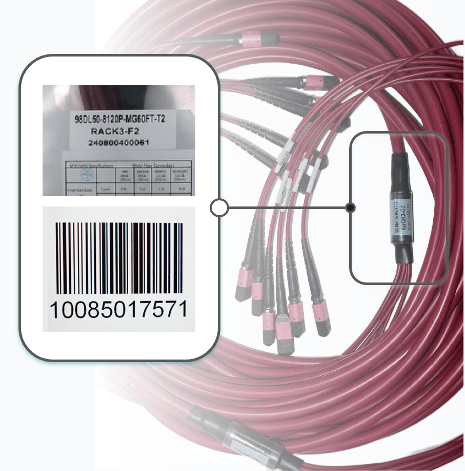 Pre-labeled cable bundle showing rack and port identification