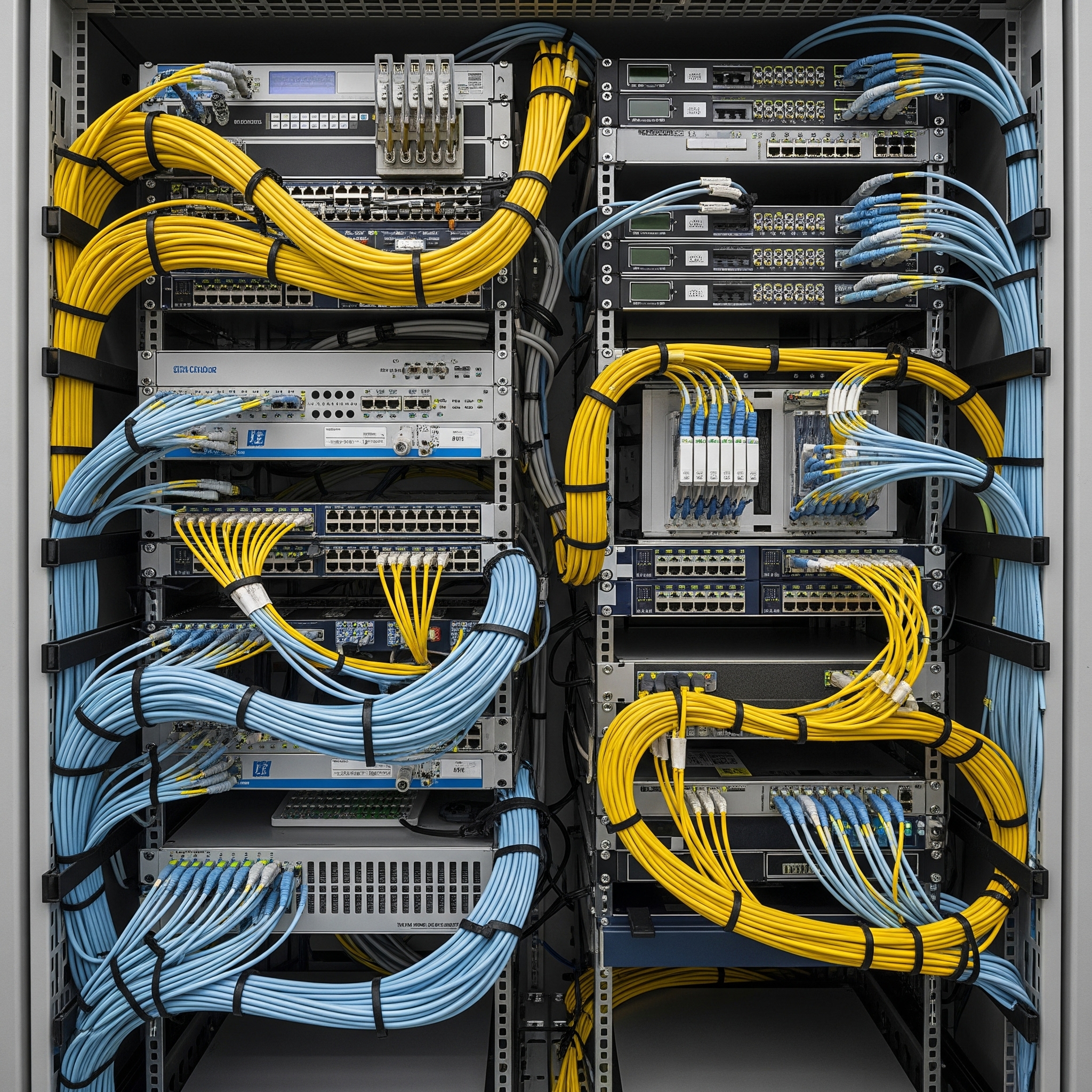 Professional fiber optic cable management in data center rack showing color-coded cables with proper bundling and routing