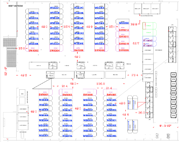2D floor plan with rack positions and cable routing paths